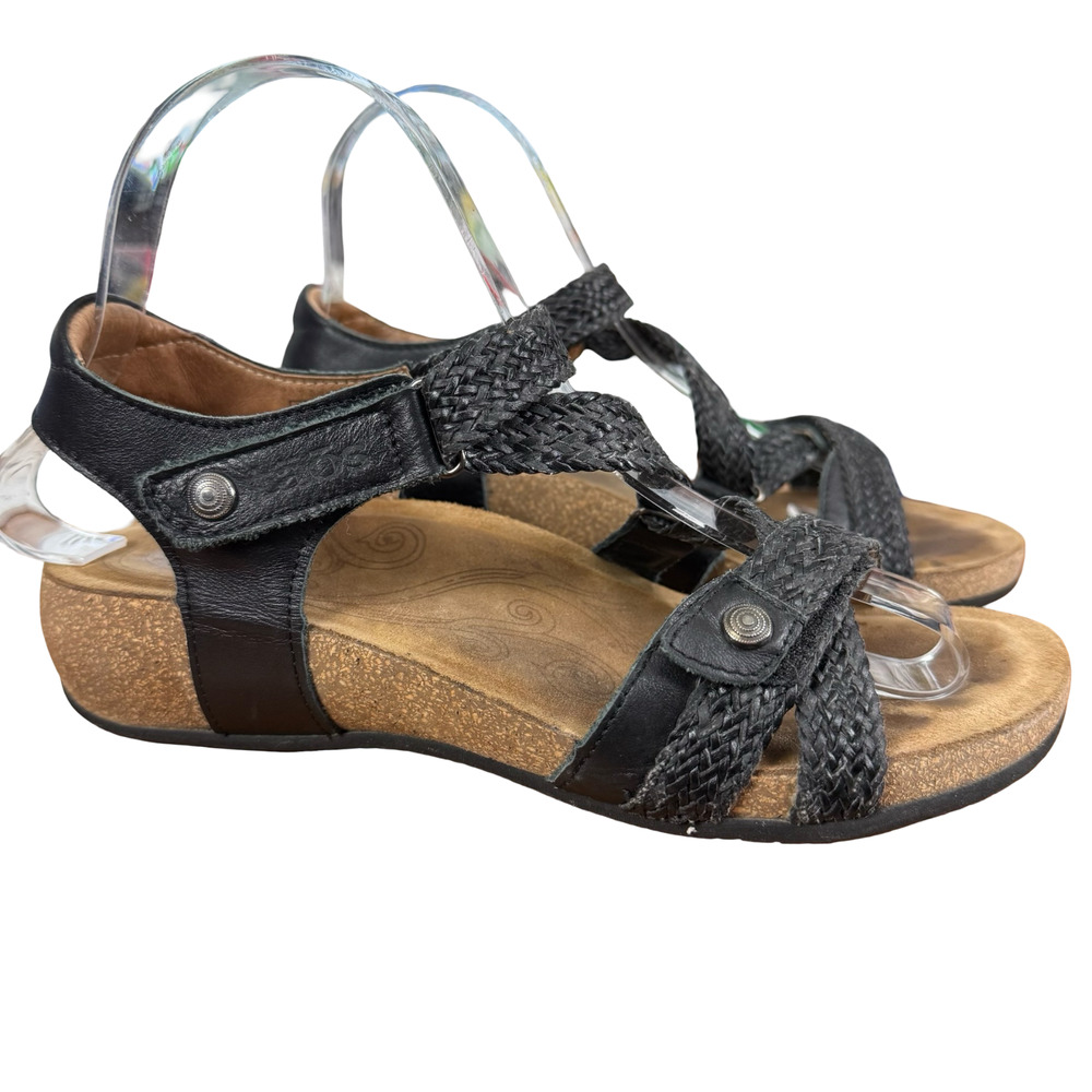 Taos Trulie Wedge Black Leather Braided Sandals Comfort Shoes Ankle Strap 7 7.5